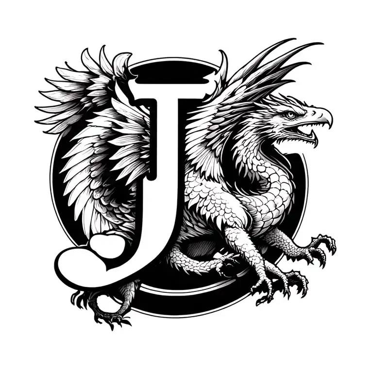 j letter with dragon flying eagle tattoo design idea