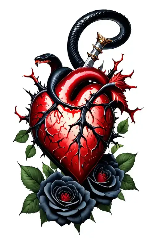 Dagger perforating a realistic bleeding heart ensnared by black roses with thorns and a black mamba tattoo design idea