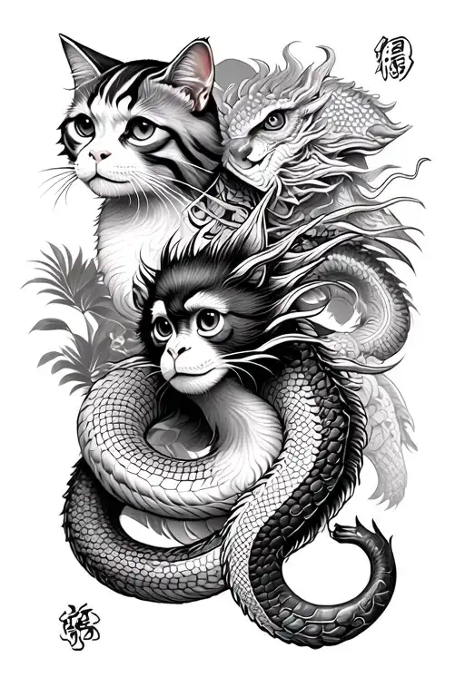 Vietnamese leg sleeve with zodiac animals of cat,monkey,snake. with a dragon and food dog tattoo design idea