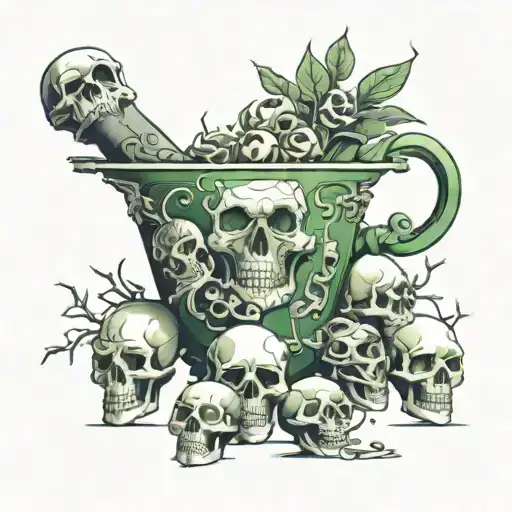pandora opening the vase and all the skulls getting out of it, and a green spark, light symbolizing the hope tattoo design idea