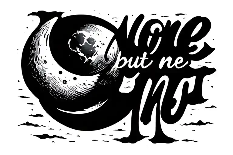 "Noone but me" moon with faint faded edges, small cursive writing in the middle passing through the moon tattoo design idea