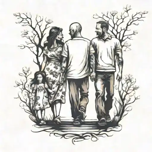 family of 4, mother, father and 2 daughters holding hands and walking down a road tattoo design idea
