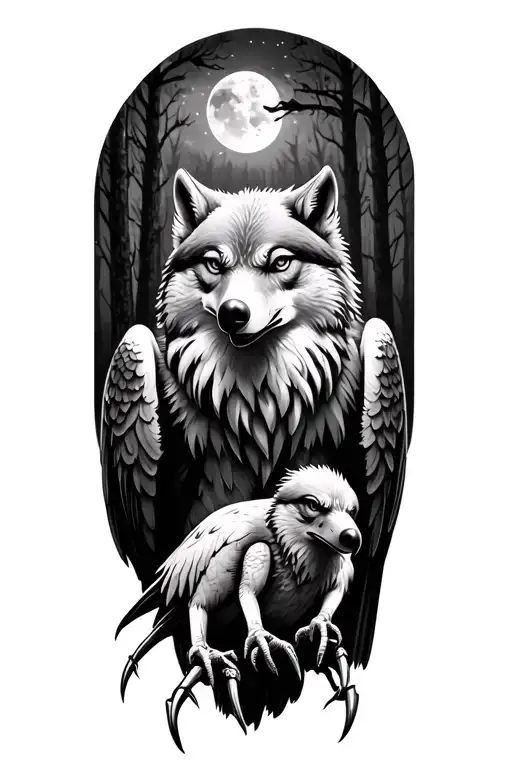 eagle attaching with claws emerging forest lone wolf daughters birthday 6/26/14  tattoo design idea