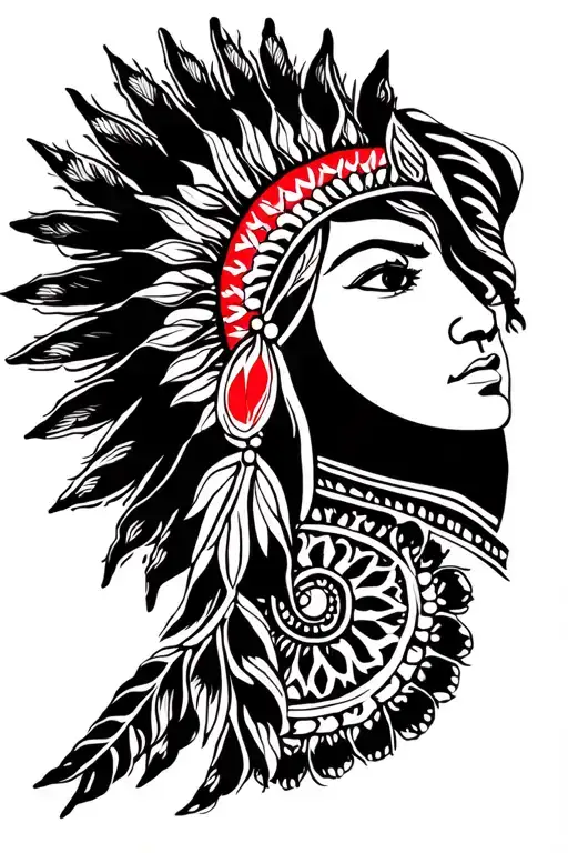Red Indian face of women and sun tattoo design idea
