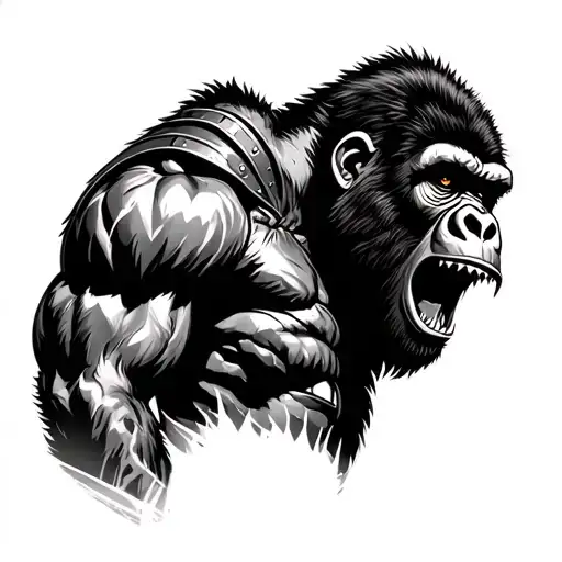 Gorilla & Gladiator merged, gorilla facing sideways roaring, gladiator facing the opposite side. Add shading tattoo design idea