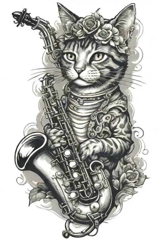 cat saxophone surrounded tattoo design idea