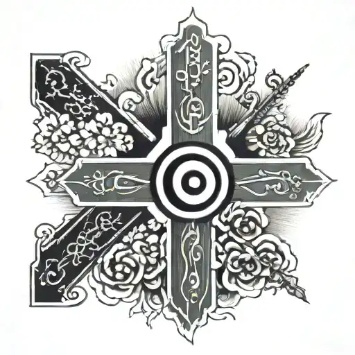 Cross and one eye with japanese love and peace sign tattoo design idea
