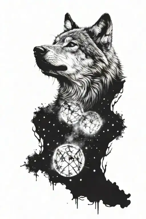 wolf howling at constellation tattoo design idea