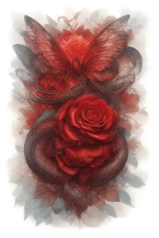 butterfly, snake and rose all red ink tattoo design idea