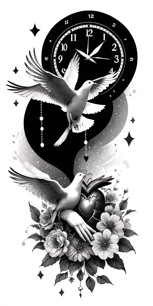 doves flying and lights, hands praying with  rosary beads, clock with the time of 2:38 pm, flowers and a broken heart tattoo design idea