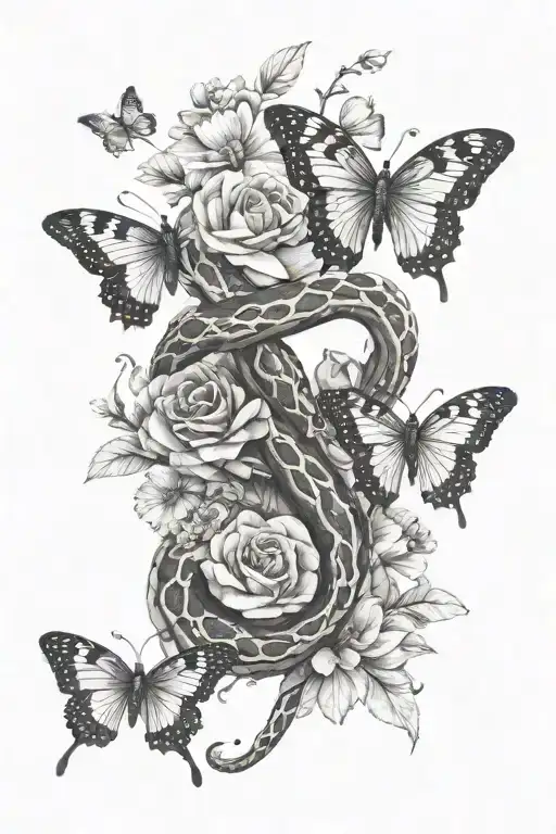 snake wrapped in semicolon and flowers with butterflies tattoo design idea