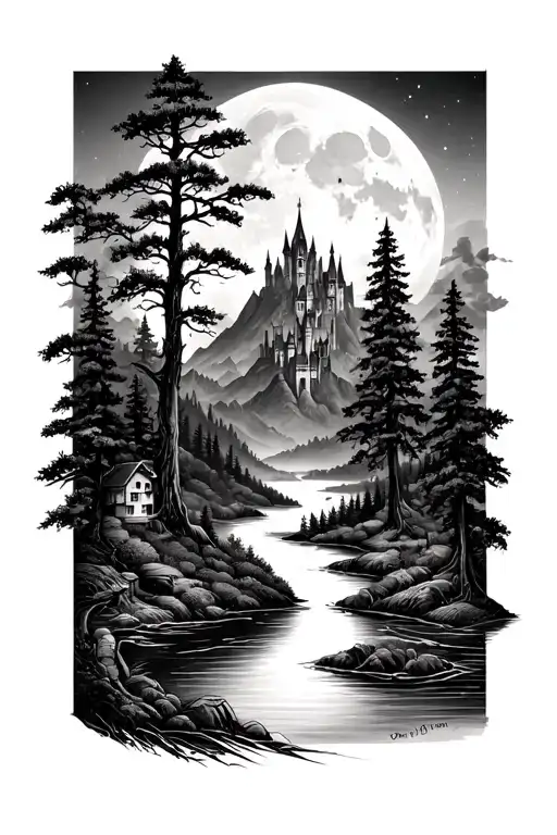 in depth trees and rivers with mountains with a castle in the backround with the moon tattoo design idea