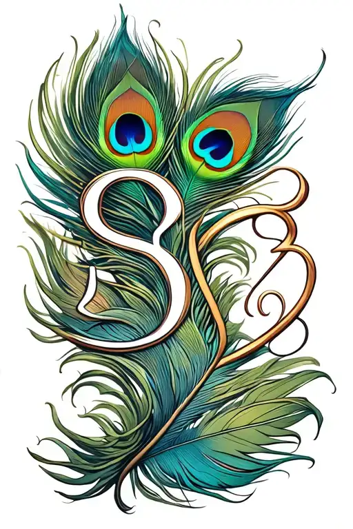 infinity symbol, peacock feather, S letter and love symbol tattoo design idea