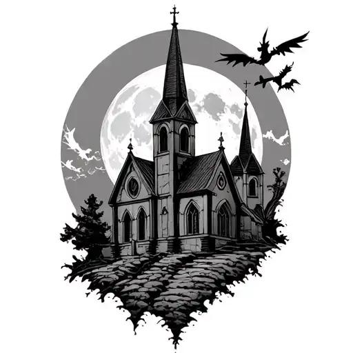 full moon and gothic church nestled tattoo design idea