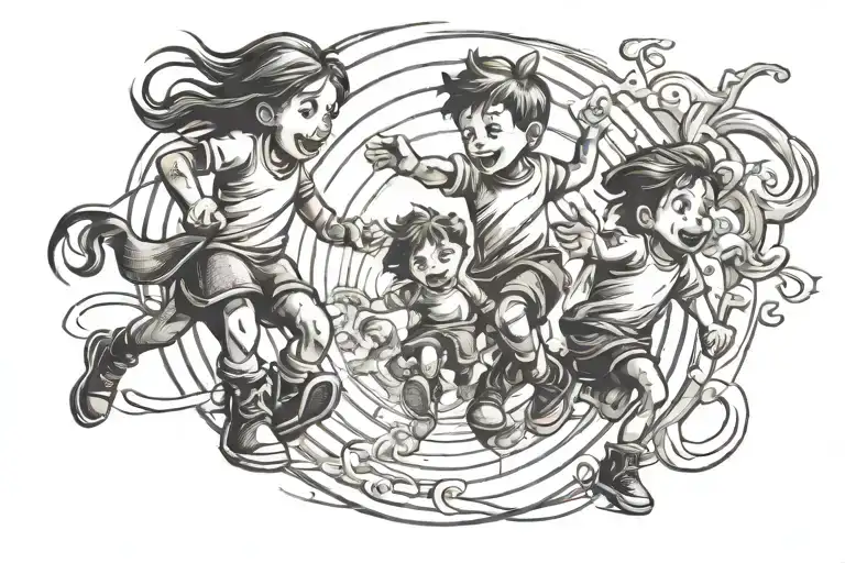 kids running around in circles on their hind hooves with different moods old school sketch tattoo design idea