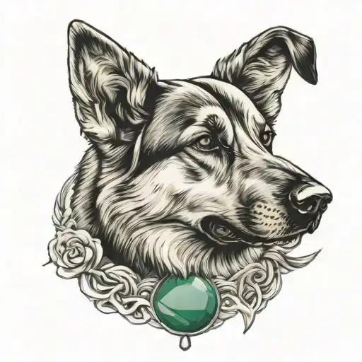 German shepherd hound dog with jade pendant tattoo design idea