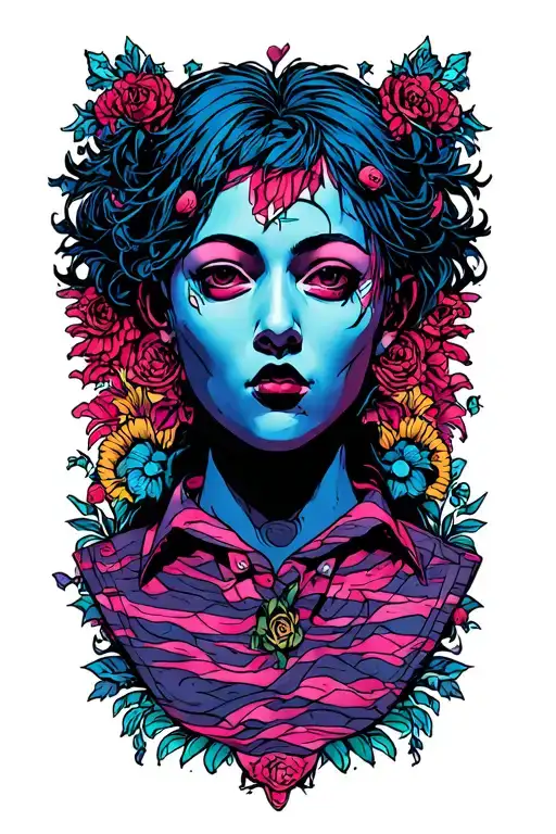 Colored tattoo design: a fully filled square tattoo with no empty spaces, featuring a person with a blank face surrounde tattoo design idea