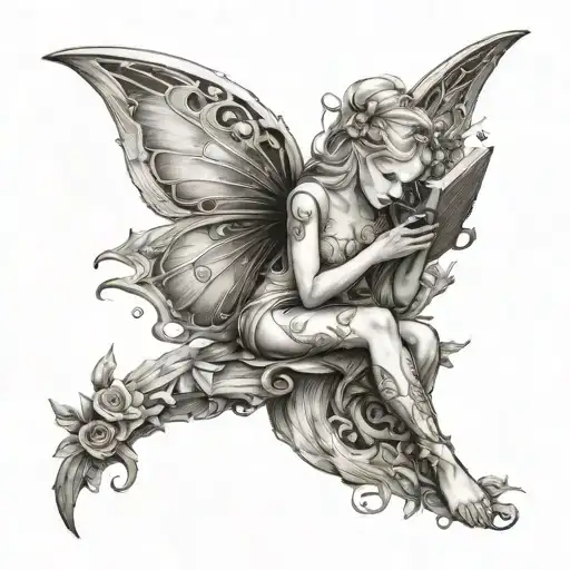 fairy reading book representing tattoo design idea
