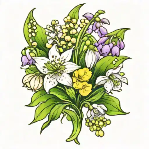 snowdrops , lily of valley , primroses bouquet tattoo design idea