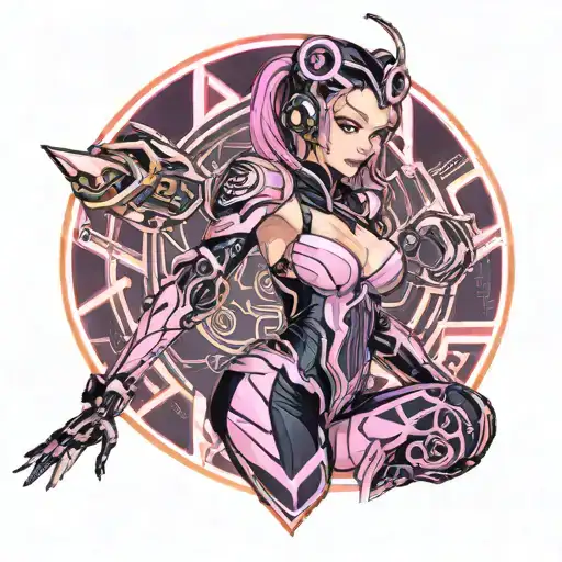 Petite Sexy Girl, huge butt, big boobs, pink skin tight latex jumpsuit, pink eyes, pink really long pigtails, young teen tattoo design idea