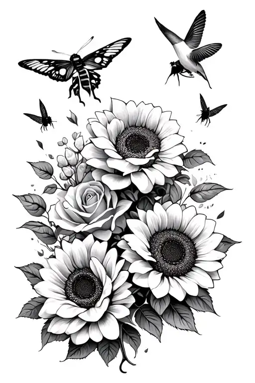 roses, sunflower, butteflies, humming bird, bees buzzing tattoo design idea