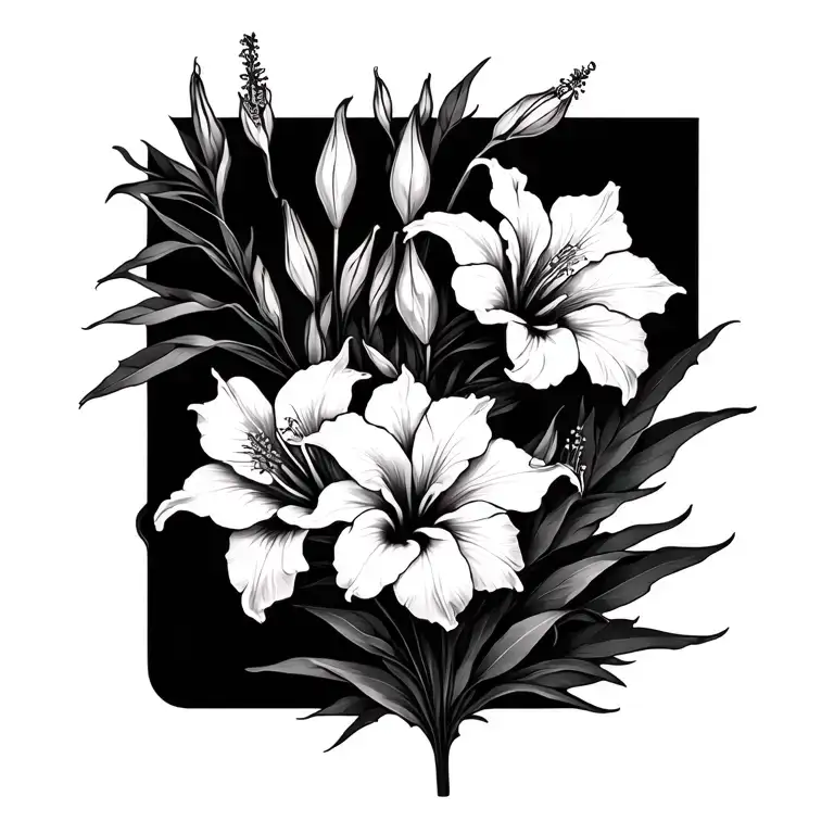 gladiolus lily and hibiscus flower intertwined tattoo design idea