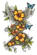 Angel numbers 444 with the jamaican national flowers all around the numbers. Add butterflies around some of the flowers tattoo design idea