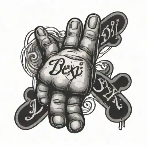 a hand and paw connected by the word 'dexi' in cursive  tattoo design idea