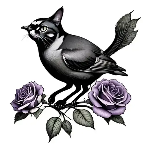 wren bird cat violet rose tattoo design idea