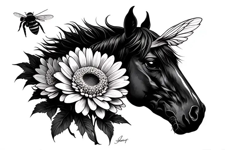 horses eye, bumble bee flying, chrysanthemum flowers  tattoo design idea