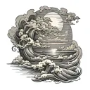storm clouds with sun breaking through to stormy waters transitioning towards a beach sleeve tattoo design idea