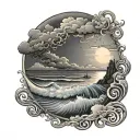 storm clouds with sun breaking through to stormy waters transitioning towards a beach sleeve tattoo design idea