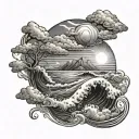 storm clouds with sun breaking through to stormy waters transitioning towards a beach sleeve tattoo design idea