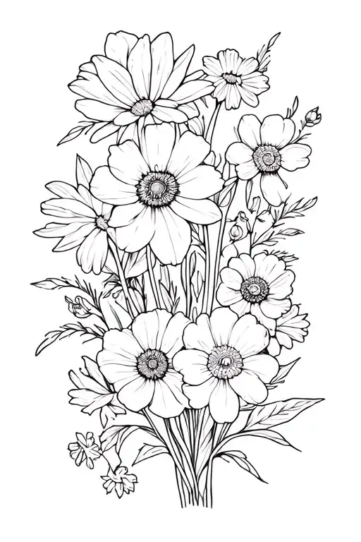 daisy, narcissus, poppy, marigold, larkspur, violet flower bouquet tattoo design idea
