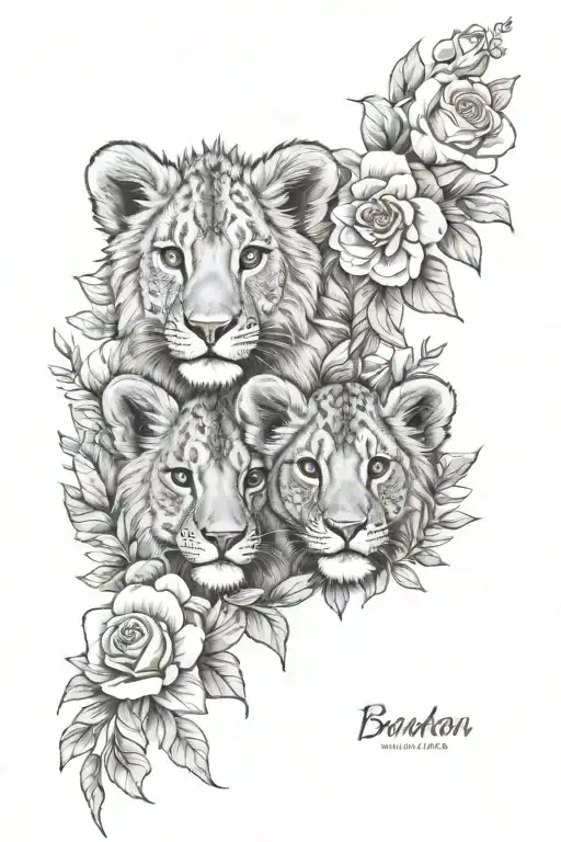 Two Lion cubs faces surrounded by flowers with the names Braxton and Madison tattoo design idea