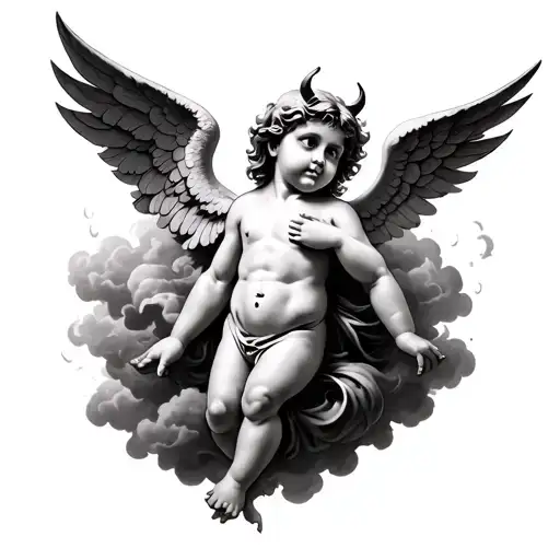 dark clouds surrounding devil cherub angel tattoo design idea