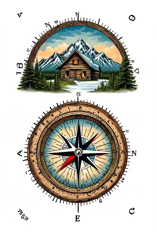 Log Cabin mountains compass tattoo design idea