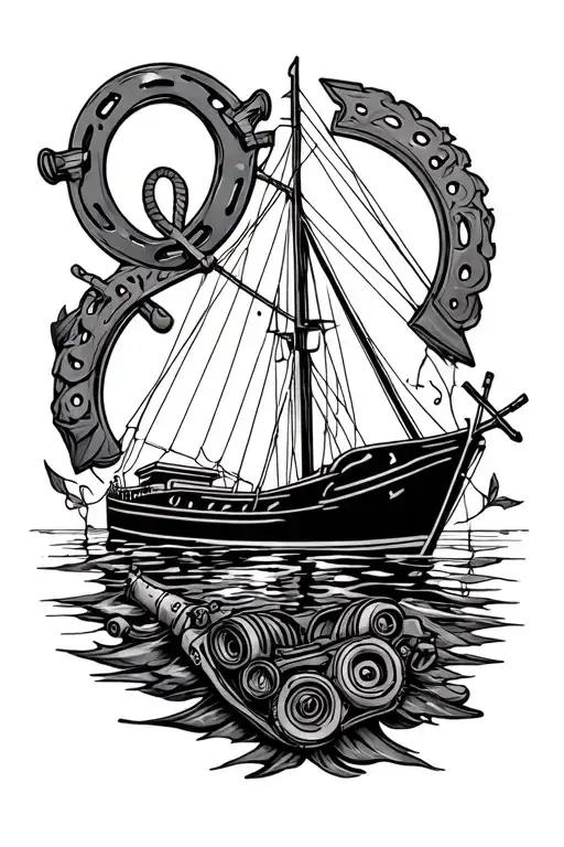 Fine line tattoo with a boat, anchor, horseshoe and Manual transmission  tattoo design idea