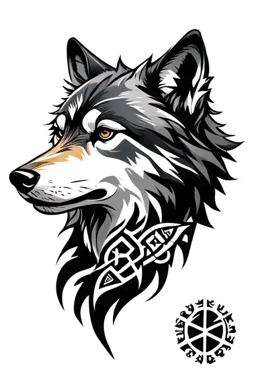Wolf head with nordic runes tattoo design idea