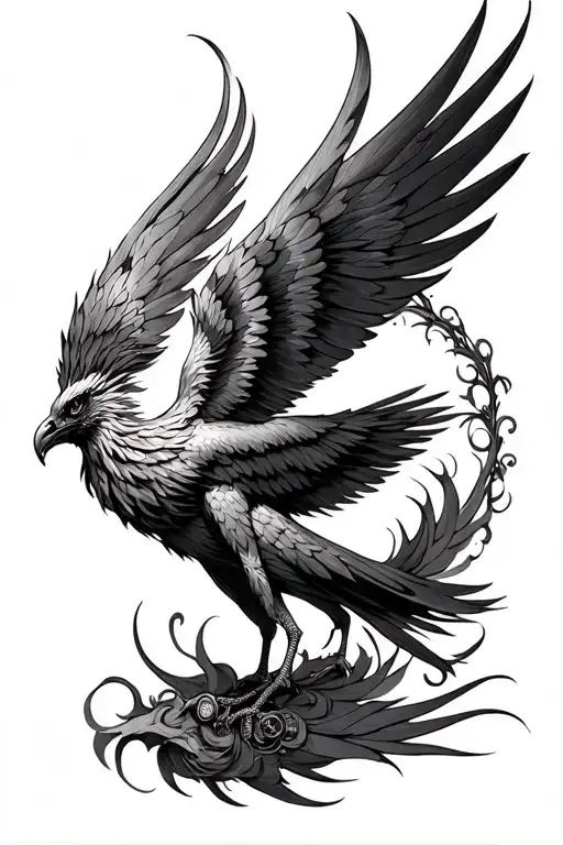 steampunk phoenix black and gray tattoo design idea