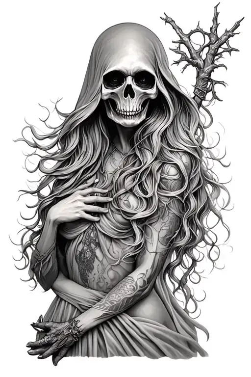 grim Reaper sexy faceless woman with flowing hair tattoo design idea