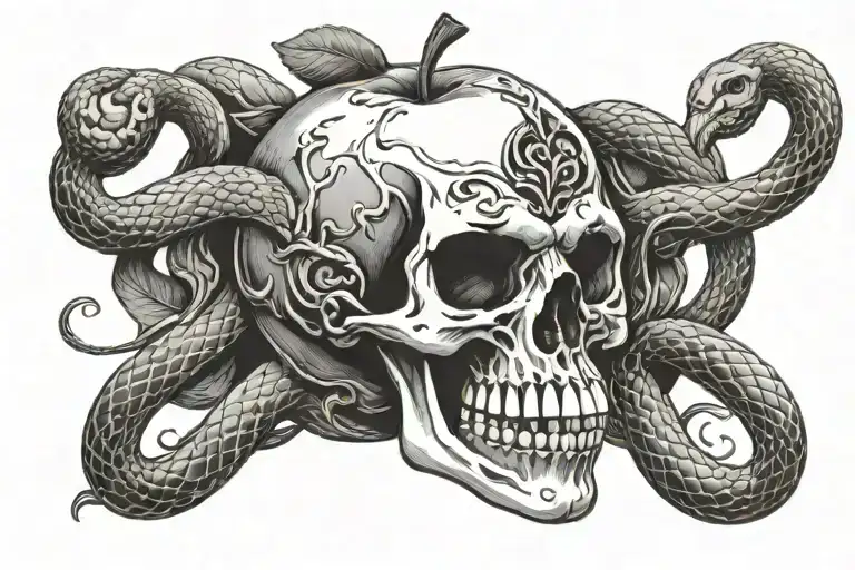 skull in the shape of an apple surrounded by a snake with its mouth aggressively bent tattoo design idea