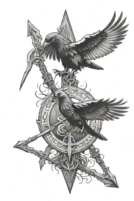 assassins creed Valhalla symbol incorporating axes and 2 ravens inspired by runes tattoo design idea