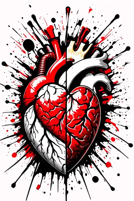 an incandescent lamp exploding, half a heart and half a brain tattoo design idea