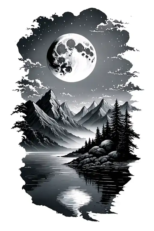 moon, mountains and watter tattoo design idea