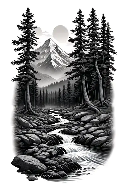 forest with river flowing and  mountain in background  tattoo design idea
