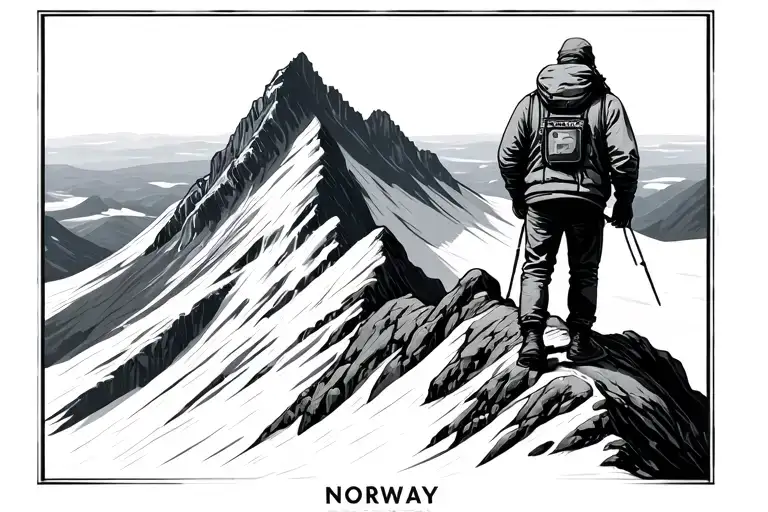 Guy on top of a mountain enjoying the view in Norway after long climb tattoo design idea