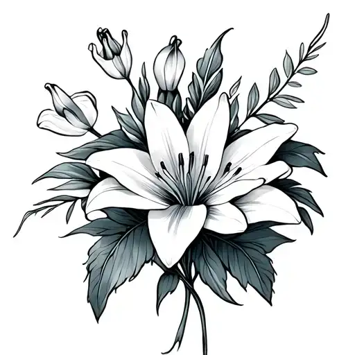 small fine line tattoo of a violet and a lily in a bouquet tattoo design idea