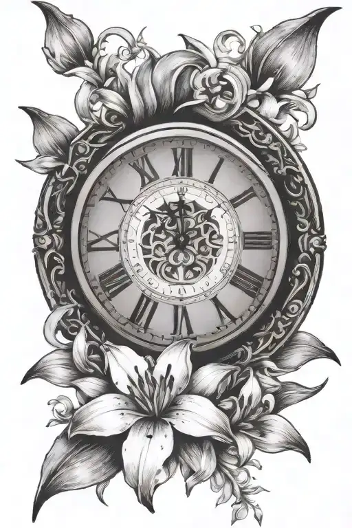 broken clock face, lily, snowdrop flower tattoo design idea