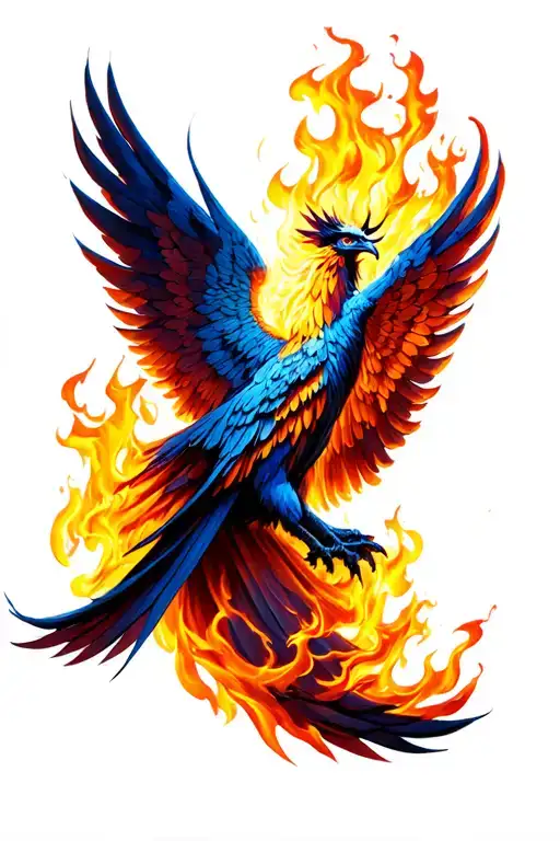 phoenix rising from the fires of hell, engulfed in flames, wings spread wide  tattoo design idea
